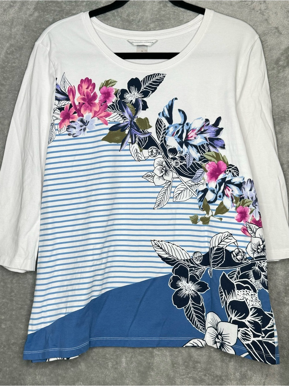 Christopher & Banks Womens Top Blouse XL Blue Floral 3/4 Sleeve Scoop Neck Knit